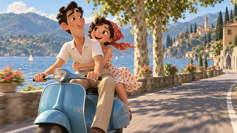 Illustrazione: Pietro e Rosa giovani sulla Vespa lungo il lago